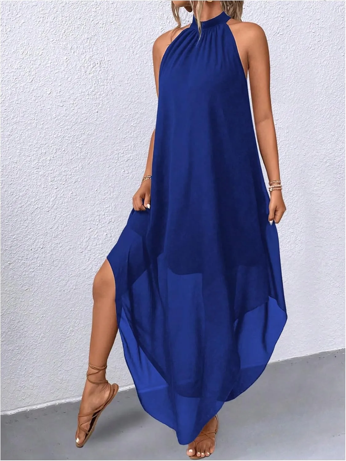 Verdusa Women's Flowy Halter Neck Sleeveless Asymmetrical Hem Maxi Long Dress