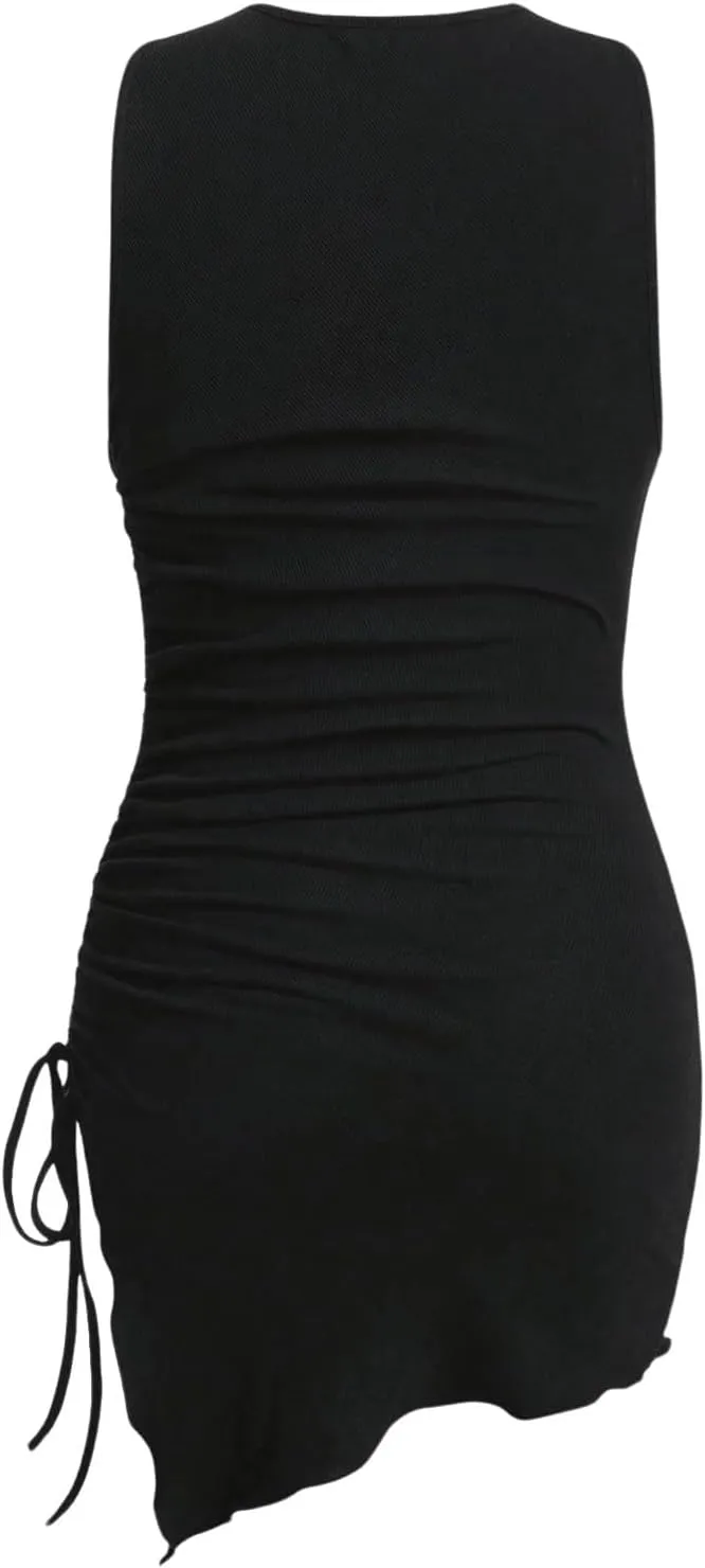 Verdusa Women's Sleevelss Drawstring Side Asymmetrical Hem Short Bodycon Tank Dress