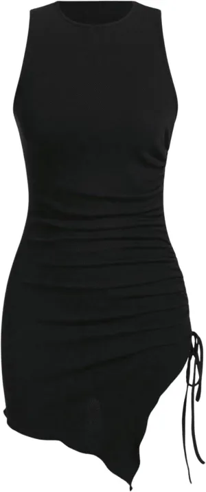 Verdusa Women's Sleevelss Drawstring Side Asymmetrical Hem Short Bodycon Tank Dress