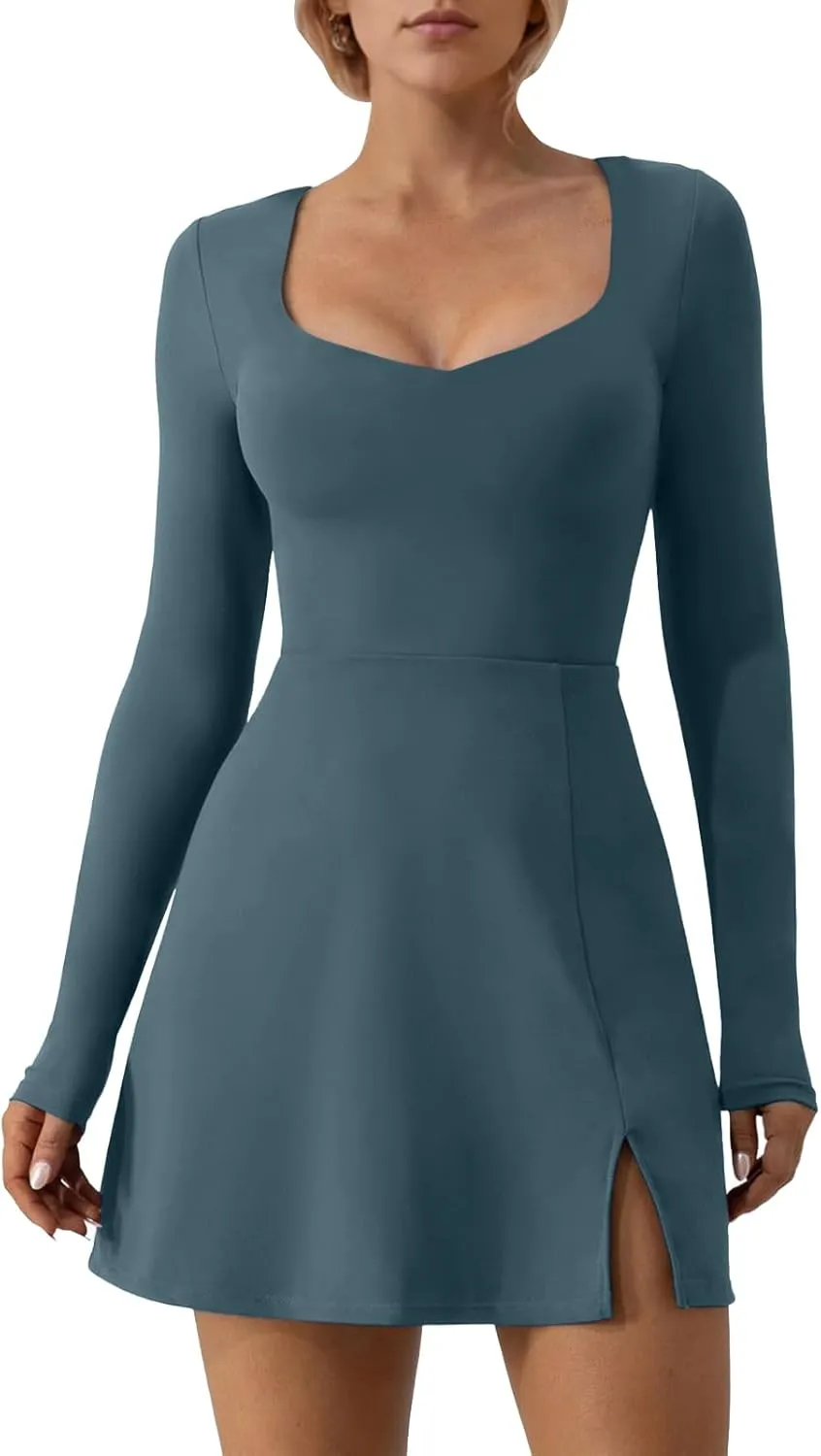 Wenlia Long Sleeve Dresses for Women 2025 Fall Women's Mini Bodycon Sweetheart Neckline Dress with Slit Built in Shorts