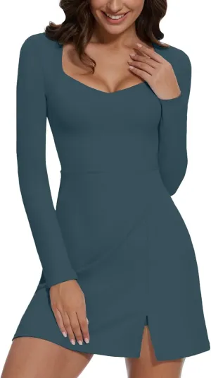 Wenlia Long Sleeve Dresses for Women 2025 Fall Women's Mini Bodycon Sweetheart Neckline Dress with Slit Built in Shorts
