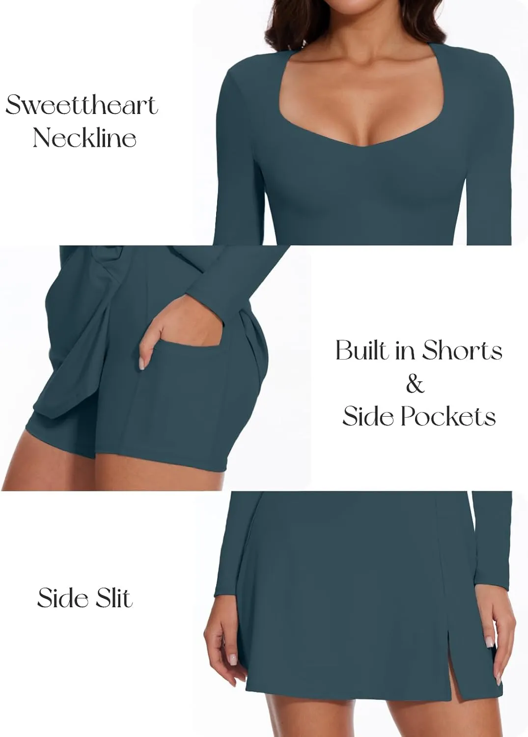 Wenlia Long Sleeve Dresses for Women 2025 Fall Women's Mini Bodycon Sweetheart Neckline Dress with Slit Built in Shorts