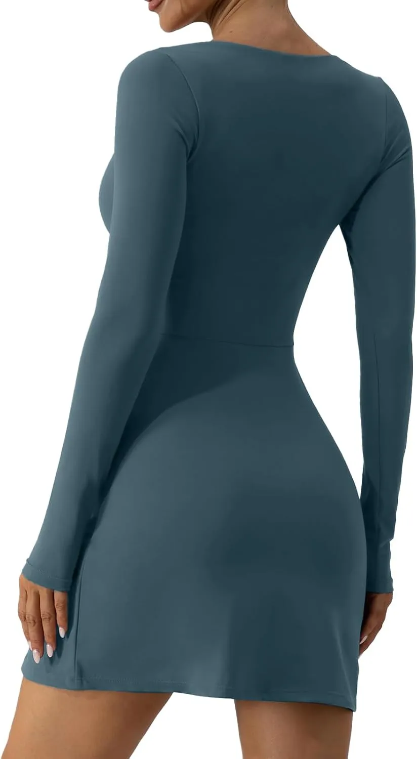 Wenlia Long Sleeve Dresses for Women 2025 Fall Women's Mini Bodycon Sweetheart Neckline Dress with Slit Built in Shorts