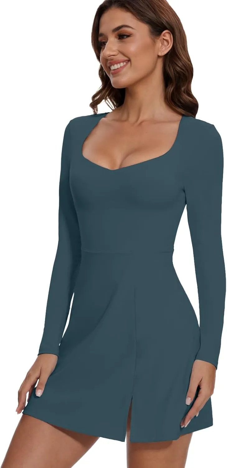 Wenlia Long Sleeve Dresses for Women 2025 Fall Women's Mini Bodycon Sweetheart Neckline Dress with Slit Built in Shorts