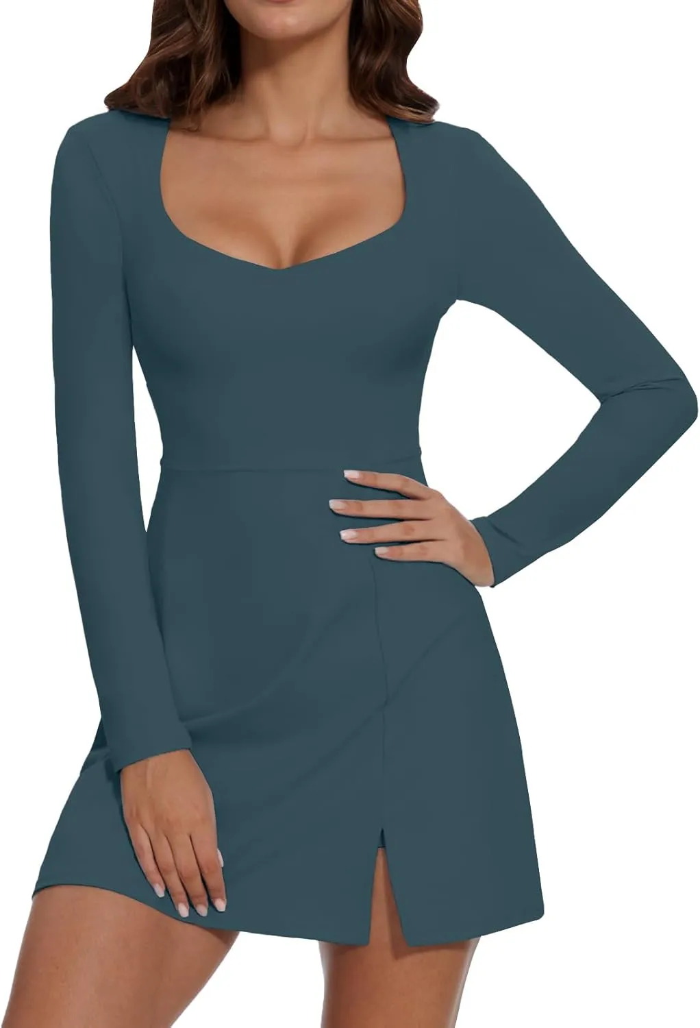 Wenlia Long Sleeve Dresses for Women 2025 Fall Women's Mini Bodycon Sweetheart Neckline Dress with Slit Built in Shorts