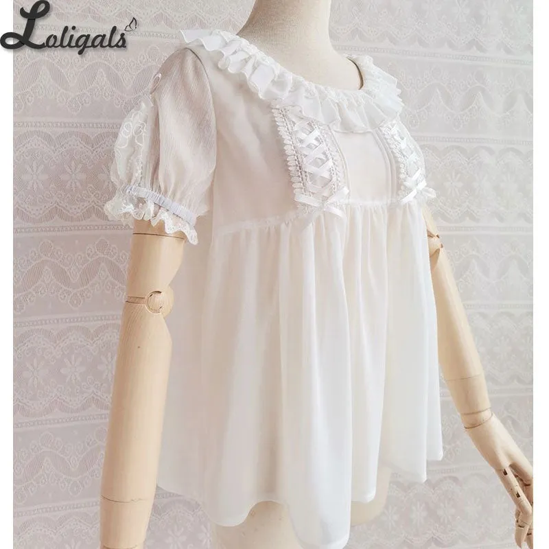 White Women's Chiffon Blouse Short Sleeve Lolita Top by Yilia