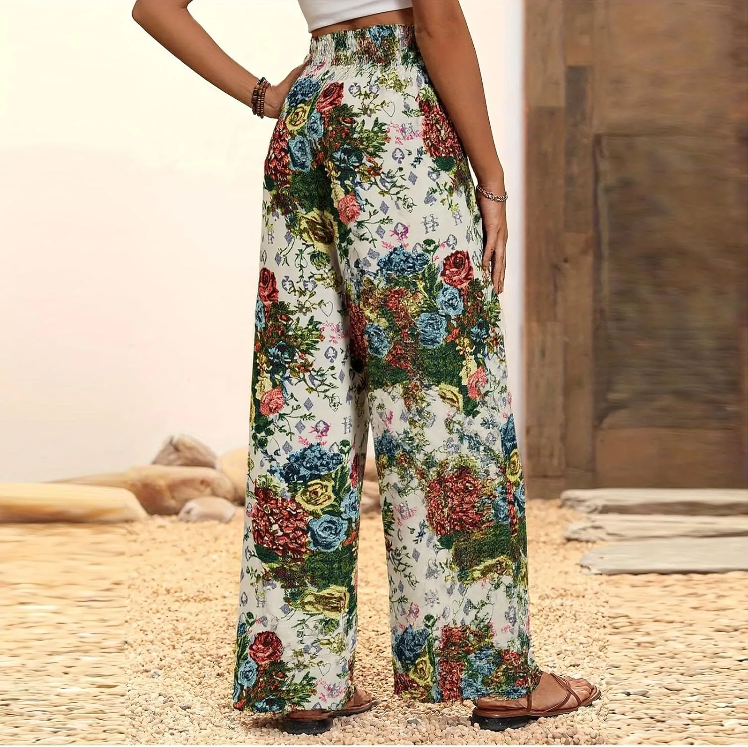 Wide Leg Linen Pants for Women Casual Summer Boho Flowy Palazzo Pants Y2k Baggy High Waist Pleated Travel Beach Pant