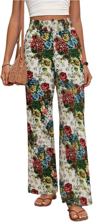 Wide Leg Linen Pants for Women Casual Summer Boho Flowy Palazzo Pants Y2k Baggy High Waist Pleated Travel Beach Pant