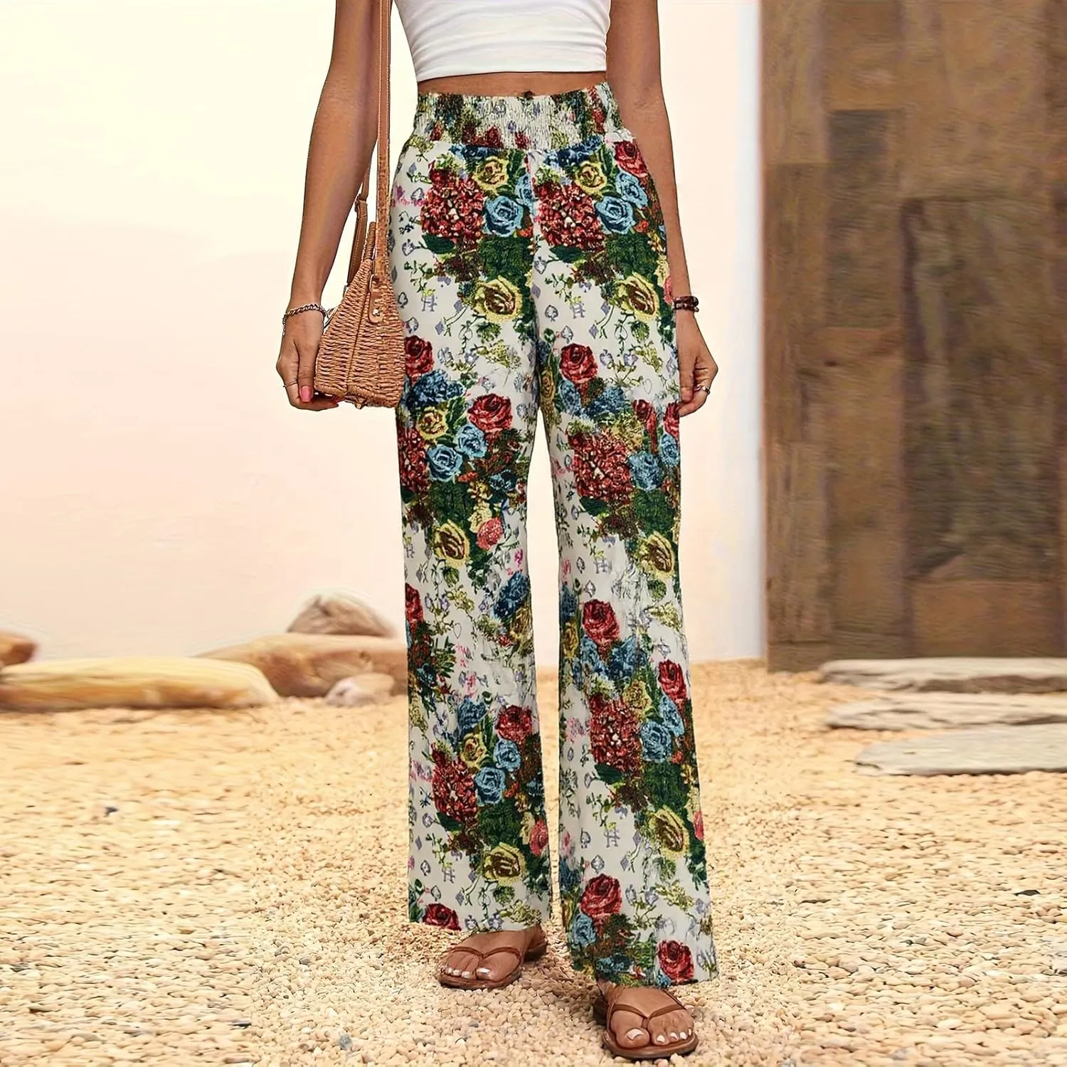 Wide Leg Linen Pants for Women Casual Summer Boho Flowy Palazzo Pants Y2k Baggy High Waist Pleated Travel Beach Pant