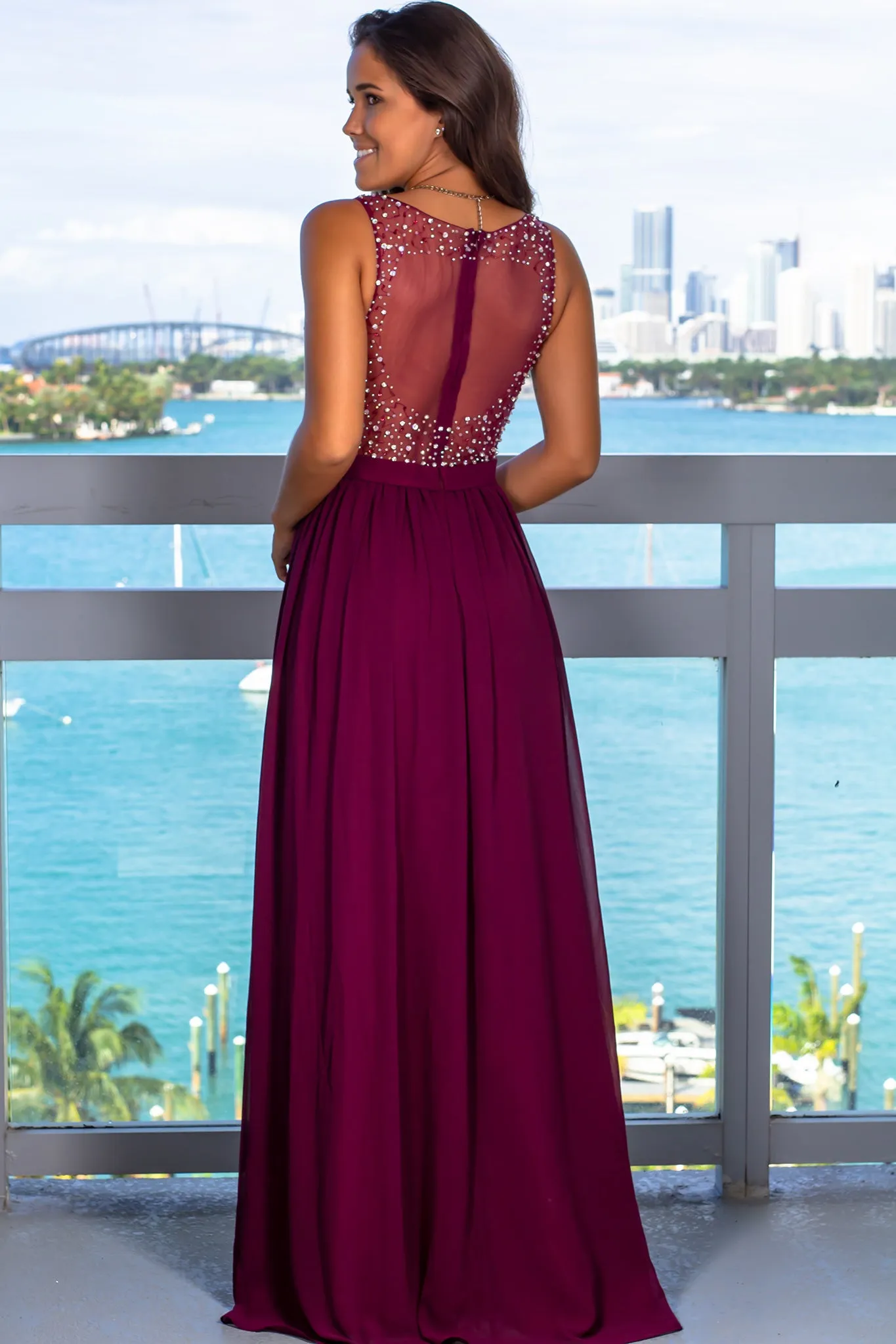 Wine Sequin Top Maxi Dress with Side Slit