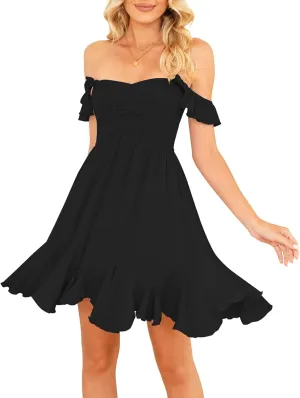 Women Off Shoulder Smocked Mini Dress Sweethear Neck Elastic Straps Ruffle Hem Sundress Ruched Backless Flowy Dress