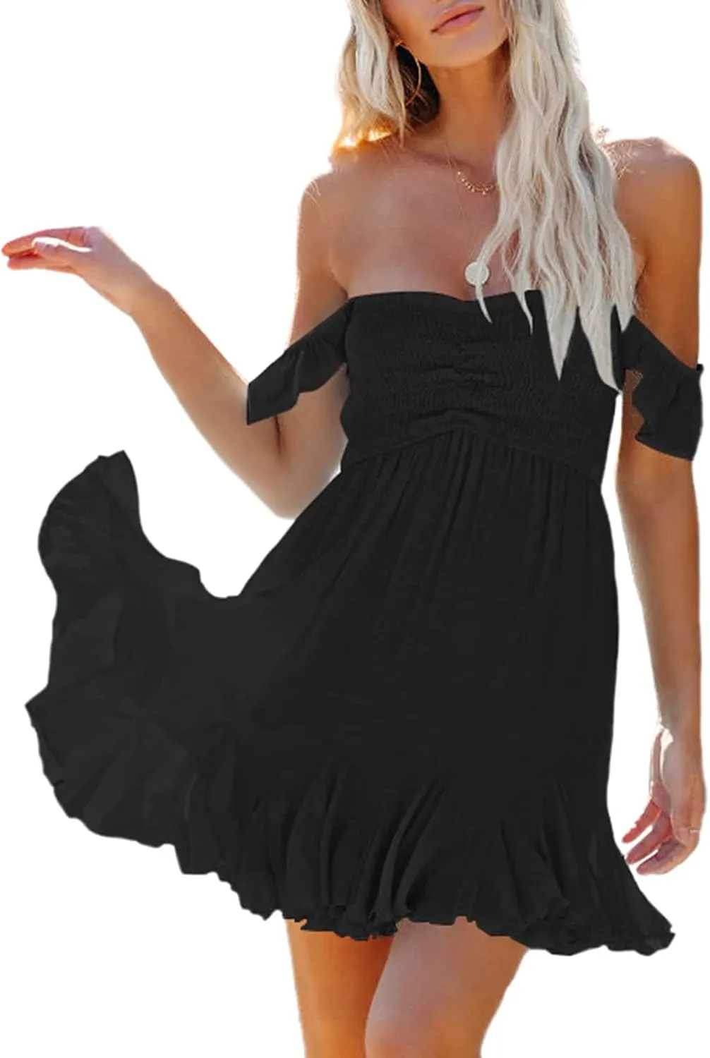 Women Off Shoulder Smocked Mini Dress Sweethear Neck Elastic Straps Ruffle Hem Sundress Ruched Backless Flowy Dress