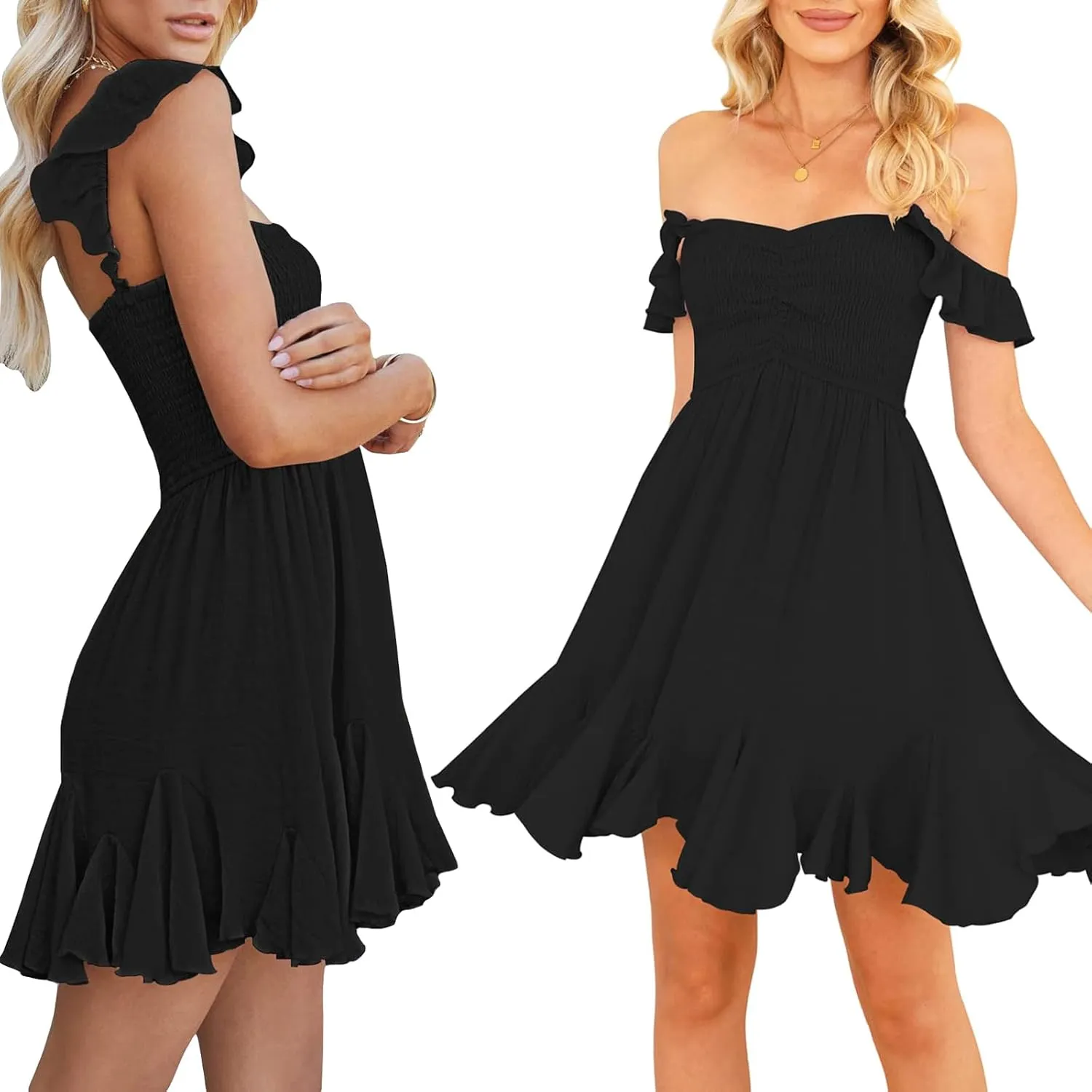 Women Off Shoulder Smocked Mini Dress Sweethear Neck Elastic Straps Ruffle Hem Sundress Ruched Backless Flowy Dress