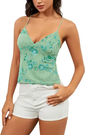 Women Sequin Cami Top Rhinestone Sparkle Sleeveless V Neck Camisole Open Back Summer Crop Top Party Clubwear
