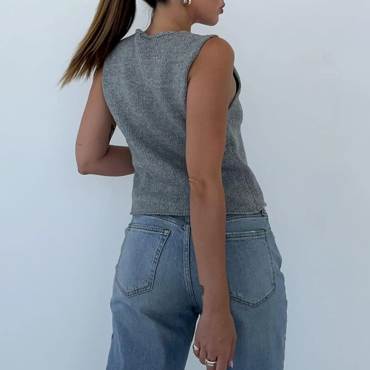 Women Sleeveless Knit Vest Top V Neck Open Front Tie Up Crochet Crop Top Casual Vintage Y2k Sweater