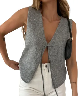 Women Sleeveless Knit Vest Top V Neck Open Front Tie Up Crochet Crop Top Casual Vintage Y2k Sweater