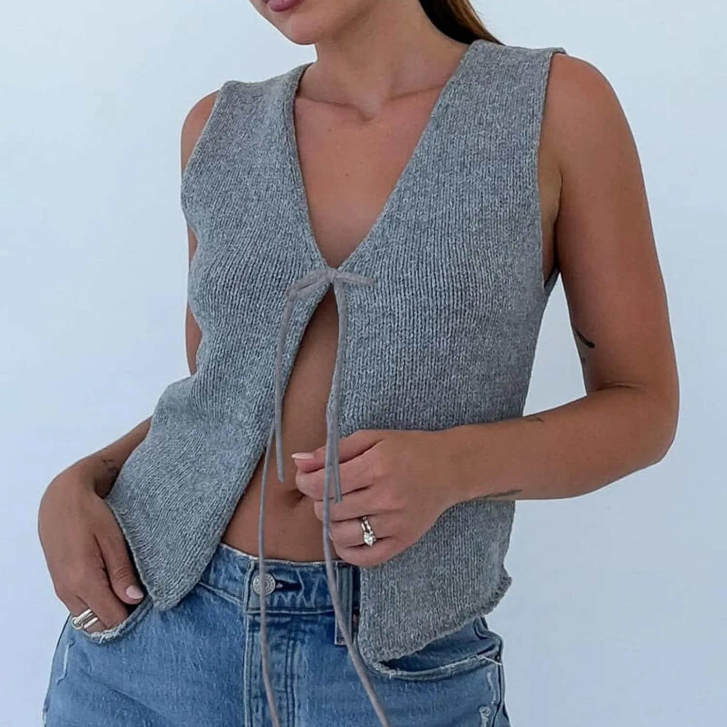 Women Sleeveless Knit Vest Top V Neck Open Front Tie Up Crochet Crop Top Casual Vintage Y2k Sweater