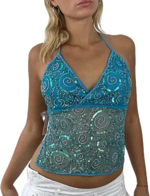 Women Y2k Sequin Cami Top Glitter Mesh Sleeveless Halter Top Sparkle Rhinestone Tank Top Going Out