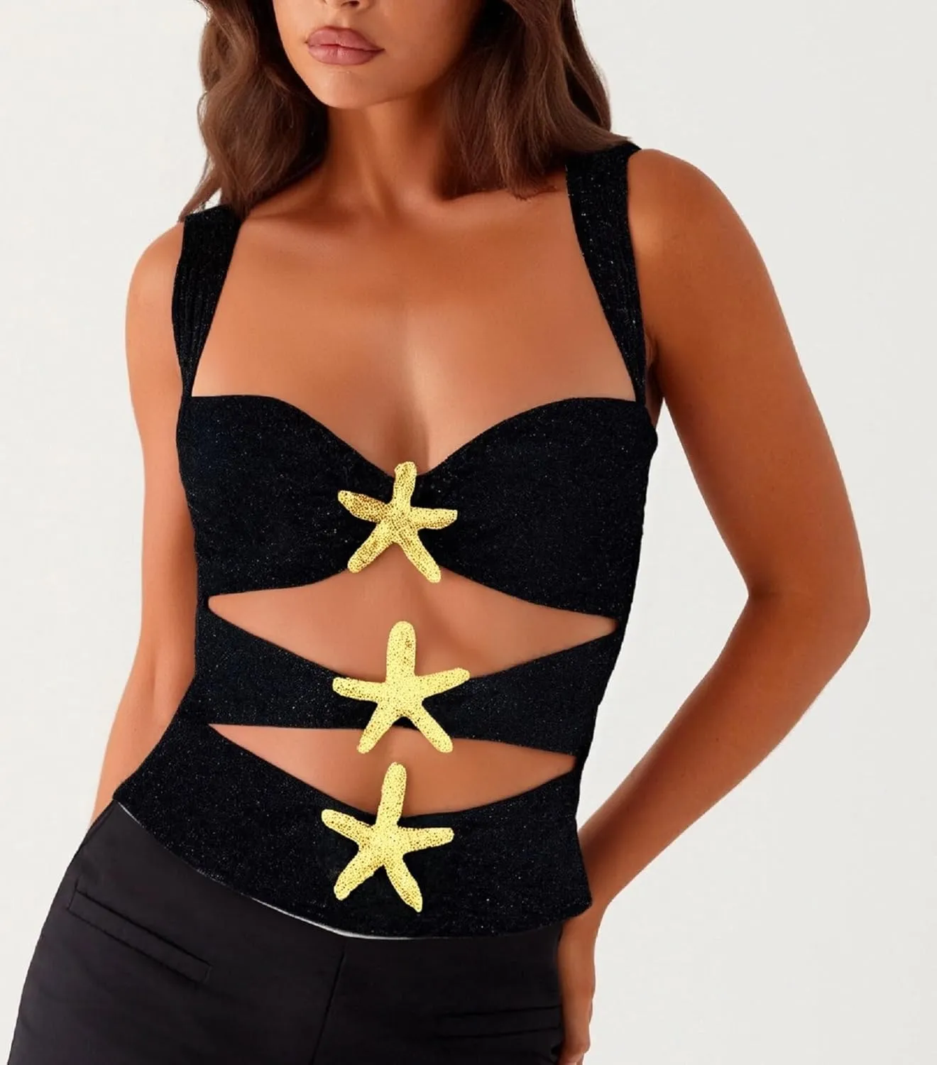 Women Y2K Sequin Starfish Tank Top Sleeveless Glitter Knit Crop Cami Top Sparkly Star Print Going Out Vest Streewear