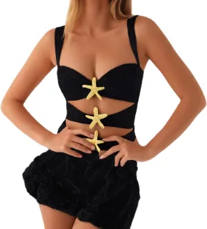 Women Y2K Sequin Starfish Tank Top Sleeveless Glitter Knit Crop Cami Top Sparkly Star Print Going Out Vest Streewear