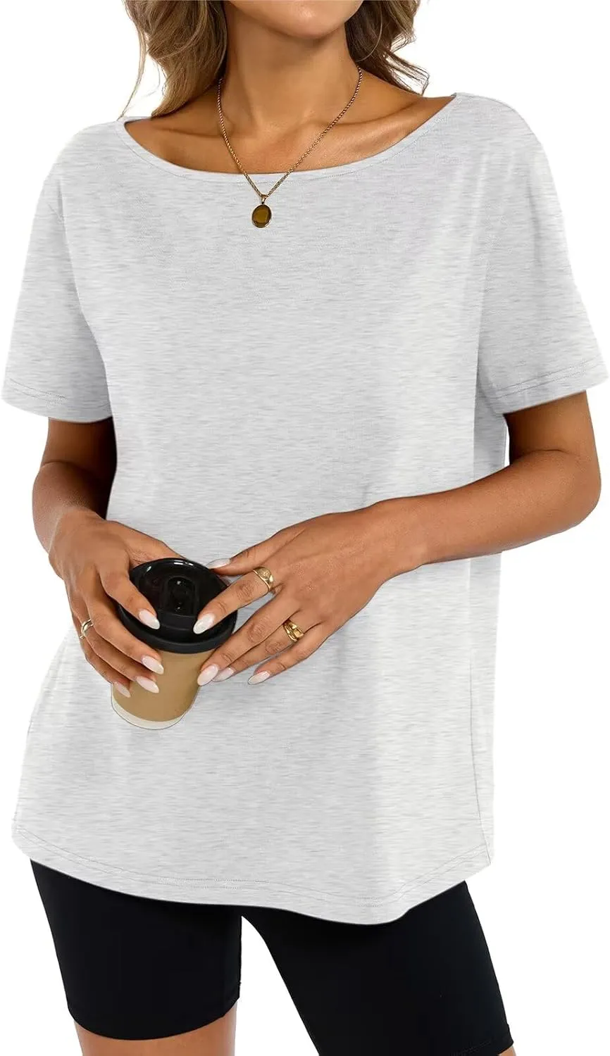 Womens Cotton Oversized Tshirts Boat Neck Off Shoulder Short Sleeve Tops Loose Fit Summer Streetwear Clothes