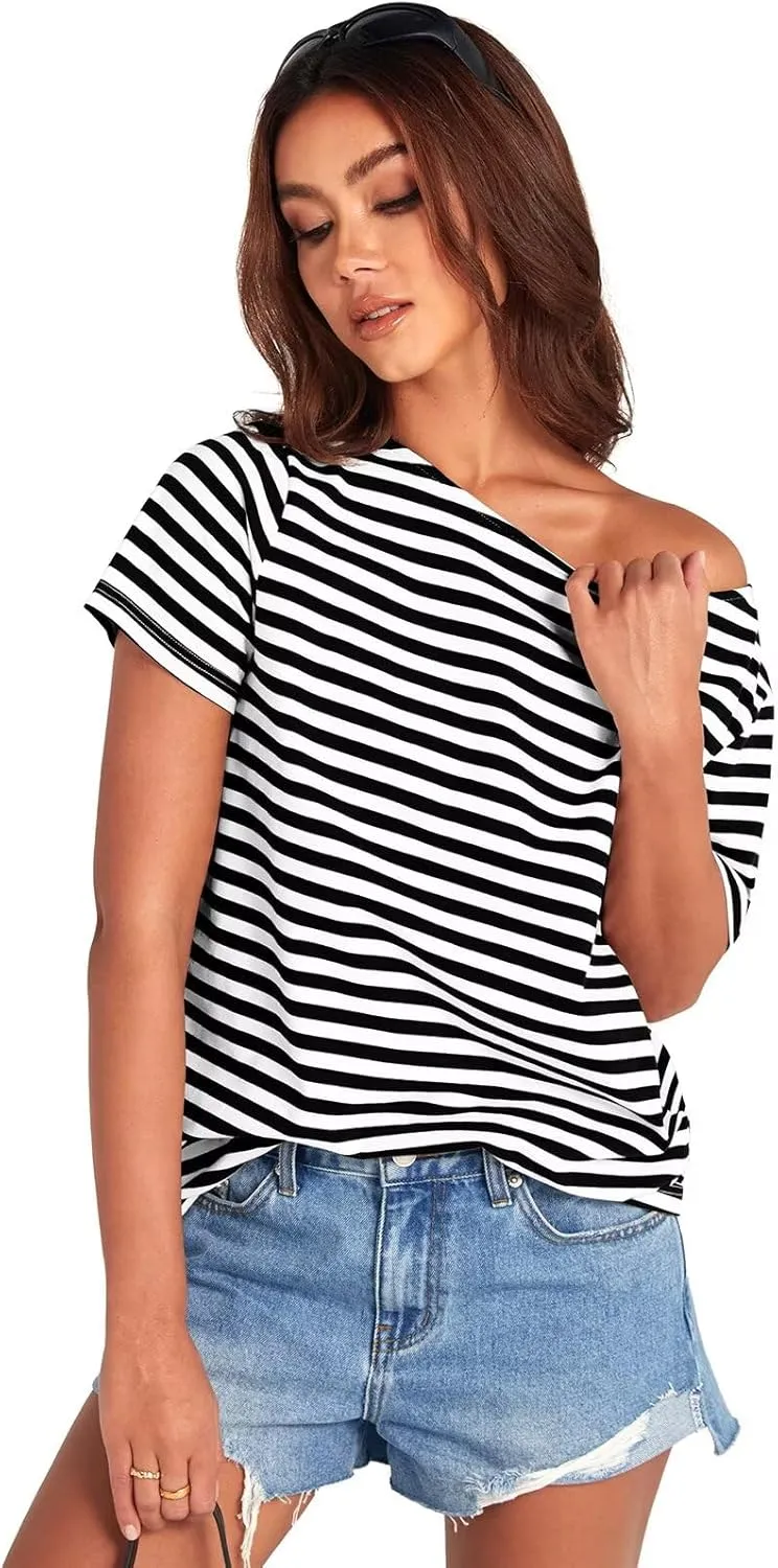 Womens Cotton Oversized Tshirts Boat Neck Off Shoulder Short Sleeve Tops Loose Fit Summer Streetwear Clothes