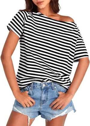 Womens Cotton Oversized Tshirts Boat Neck Off Shoulder Short Sleeve Tops Loose Fit Summer Streetwear Clothes