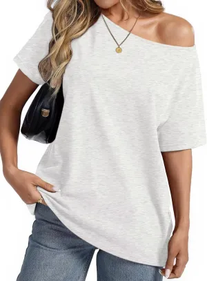 Womens Cotton Oversized Tshirts Boat Neck Off Shoulder Short Sleeve Tops Loose Fit Summer Streetwear Clothes
