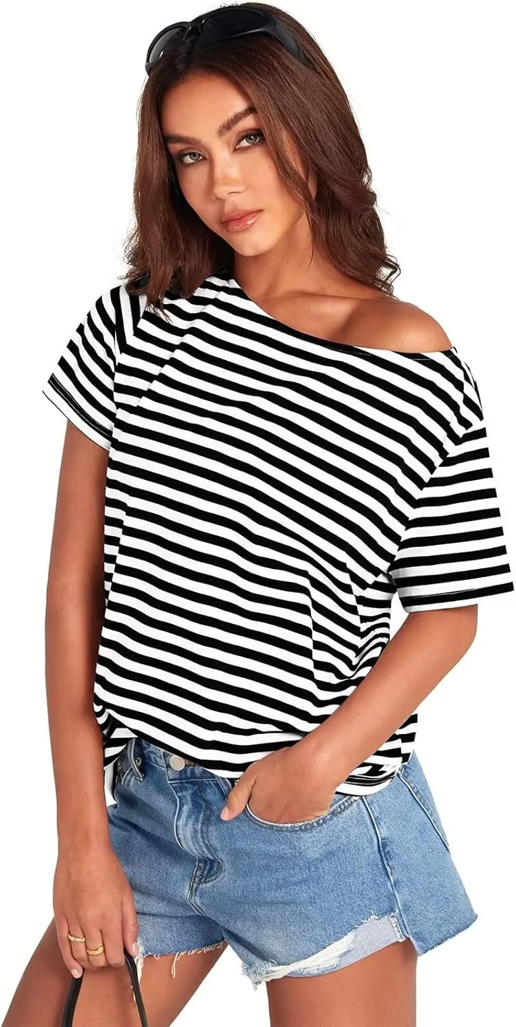 Womens Cotton Oversized Tshirts Boat Neck Off Shoulder Short Sleeve Tops Loose Fit Summer Streetwear Clothes