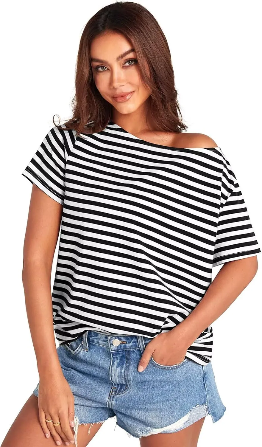 Womens Cotton Oversized Tshirts Boat Neck Off Shoulder Short Sleeve Tops Loose Fit Summer Streetwear Clothes