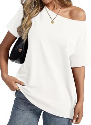 Womens Cotton Oversized Tshirts Boat Neck Off Shoulder Short Sleeve Tops Loose Fit Summer Streetwear Clothes