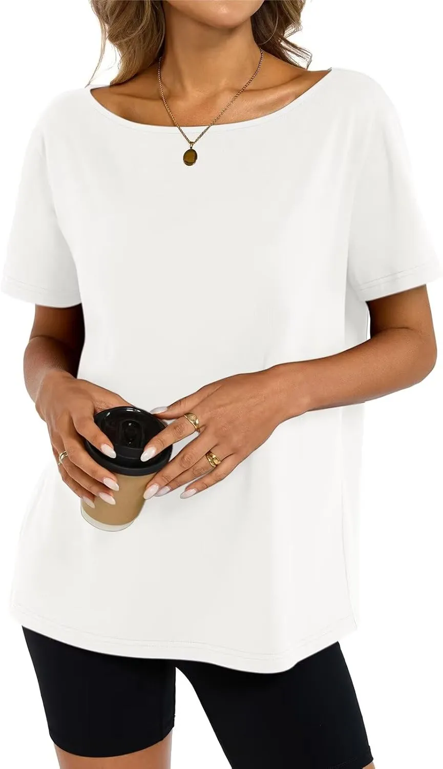 Womens Cotton Oversized Tshirts Boat Neck Off Shoulder Short Sleeve Tops Loose Fit Summer Streetwear Clothes