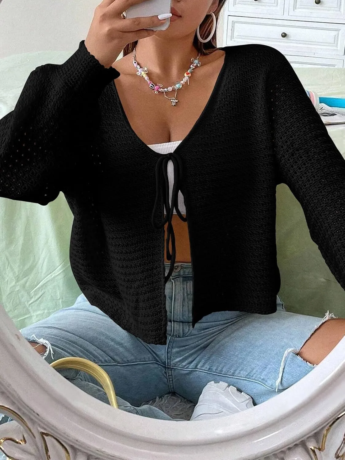 Women's Plus Size Cardigan Boutique Summer Top Hollow Out Open Knit Sweater Ladies Tie Front Shrug, Go with Tank Top