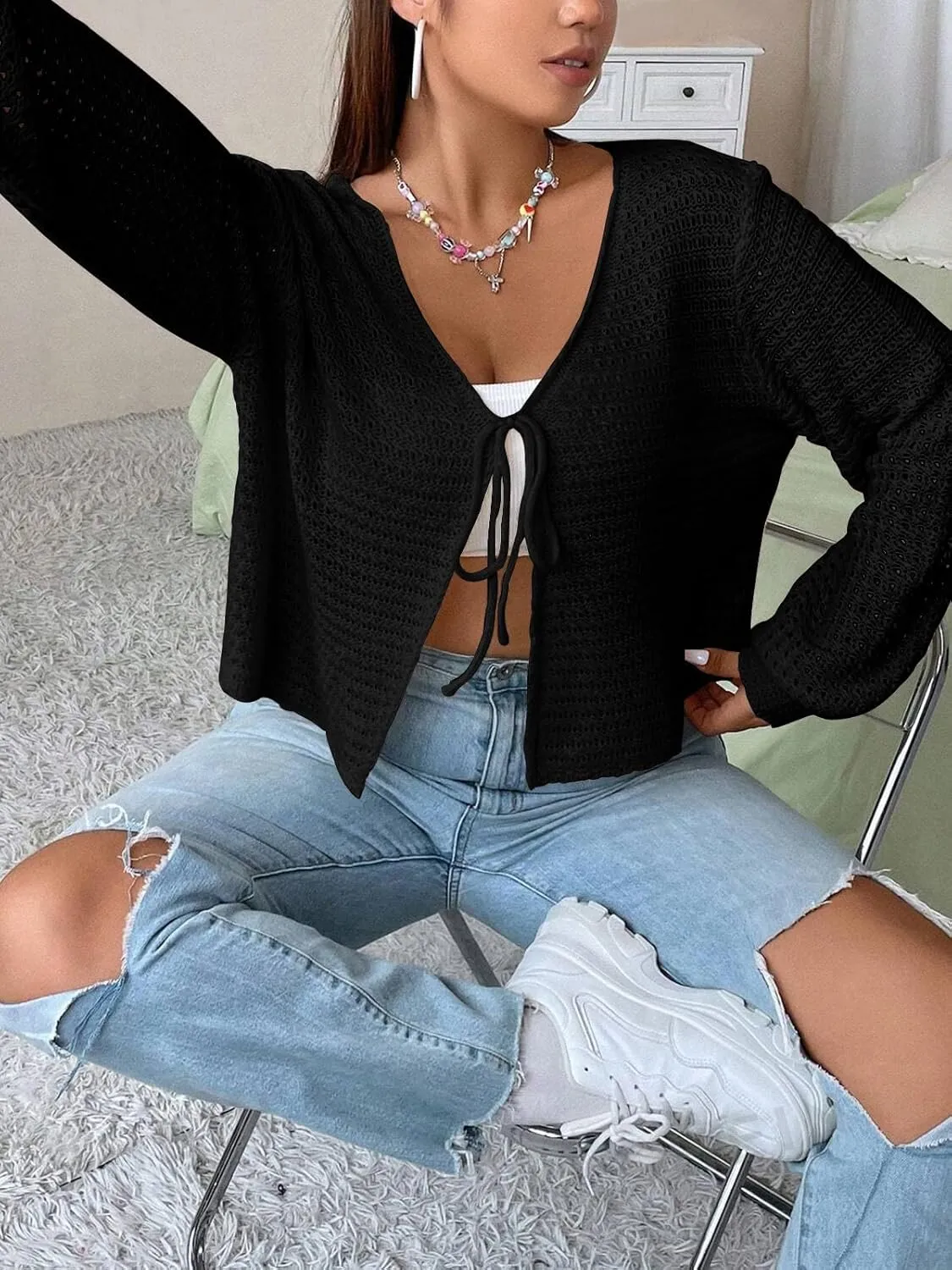 Women's Plus Size Cardigan Boutique Summer Top Hollow Out Open Knit Sweater Ladies Tie Front Shrug, Go with Tank Top