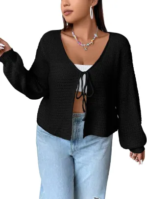 Women's Plus Size Cardigan Boutique Summer Top Hollow Out Open Knit Sweater Ladies Tie Front Shrug, Go with Tank Top