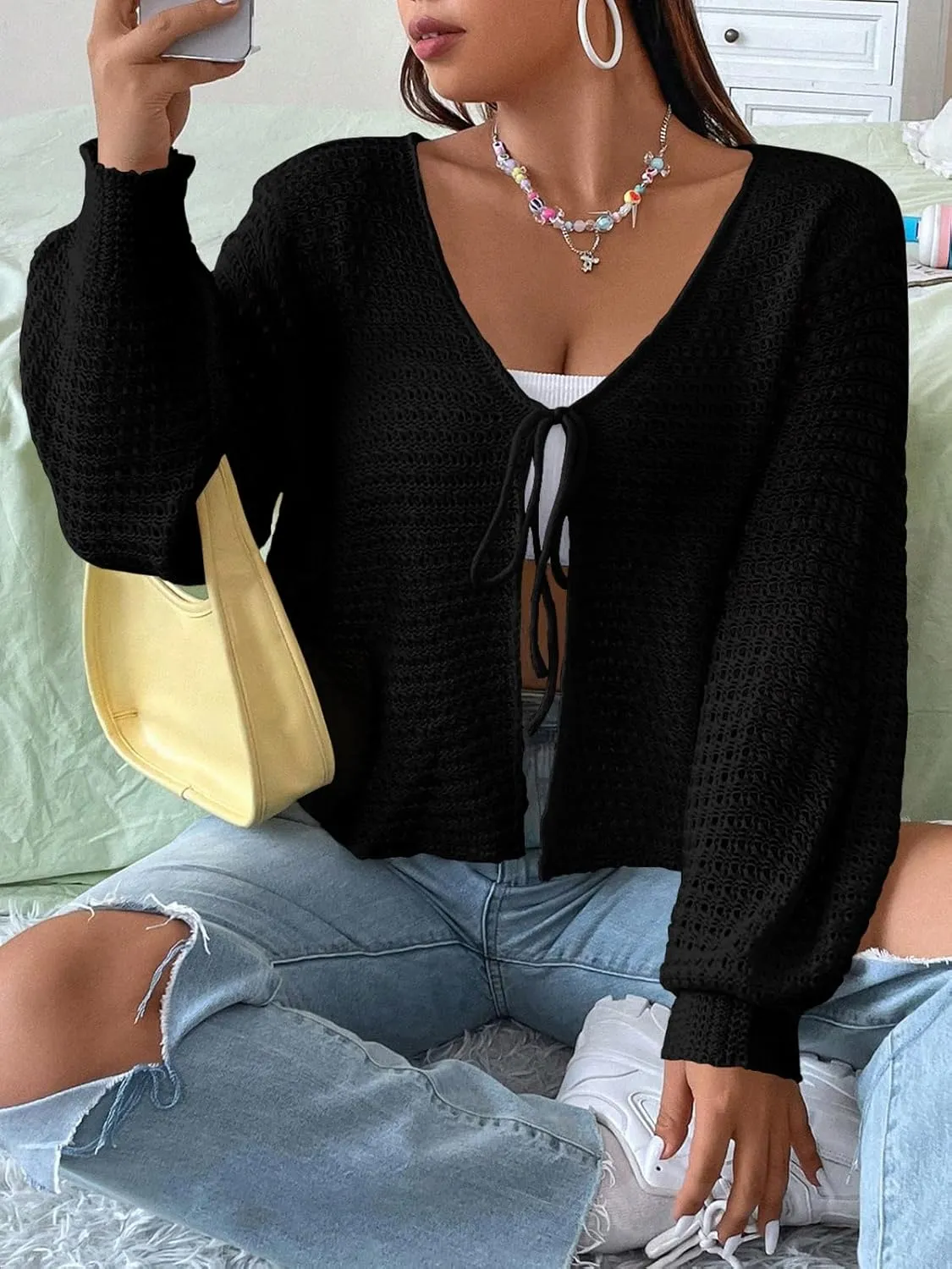 Women's Plus Size Cardigan Boutique Summer Top Hollow Out Open Knit Sweater Ladies Tie Front Shrug, Go with Tank Top