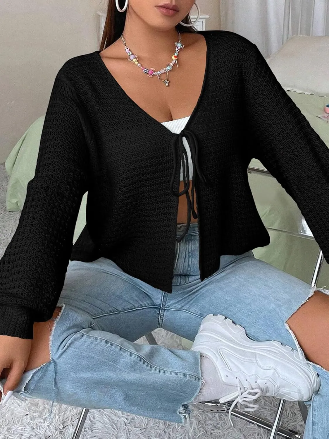 Women's Plus Size Cardigan Boutique Summer Top Hollow Out Open Knit Sweater Ladies Tie Front Shrug, Go with Tank Top
