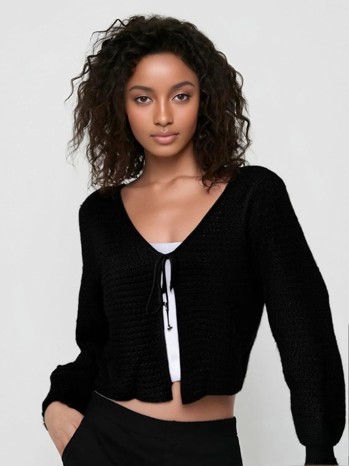 Women's Plus Size Cardigan Boutique Summer Top Hollow Out Open Knit Sweater Ladies Tie Front Shrug, Go with Tank Top