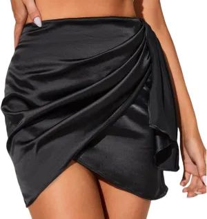 Women's Silky Satin Mini Short Skirt Irregular Hem Pleated High Waist Flowy Casual Short Skirt