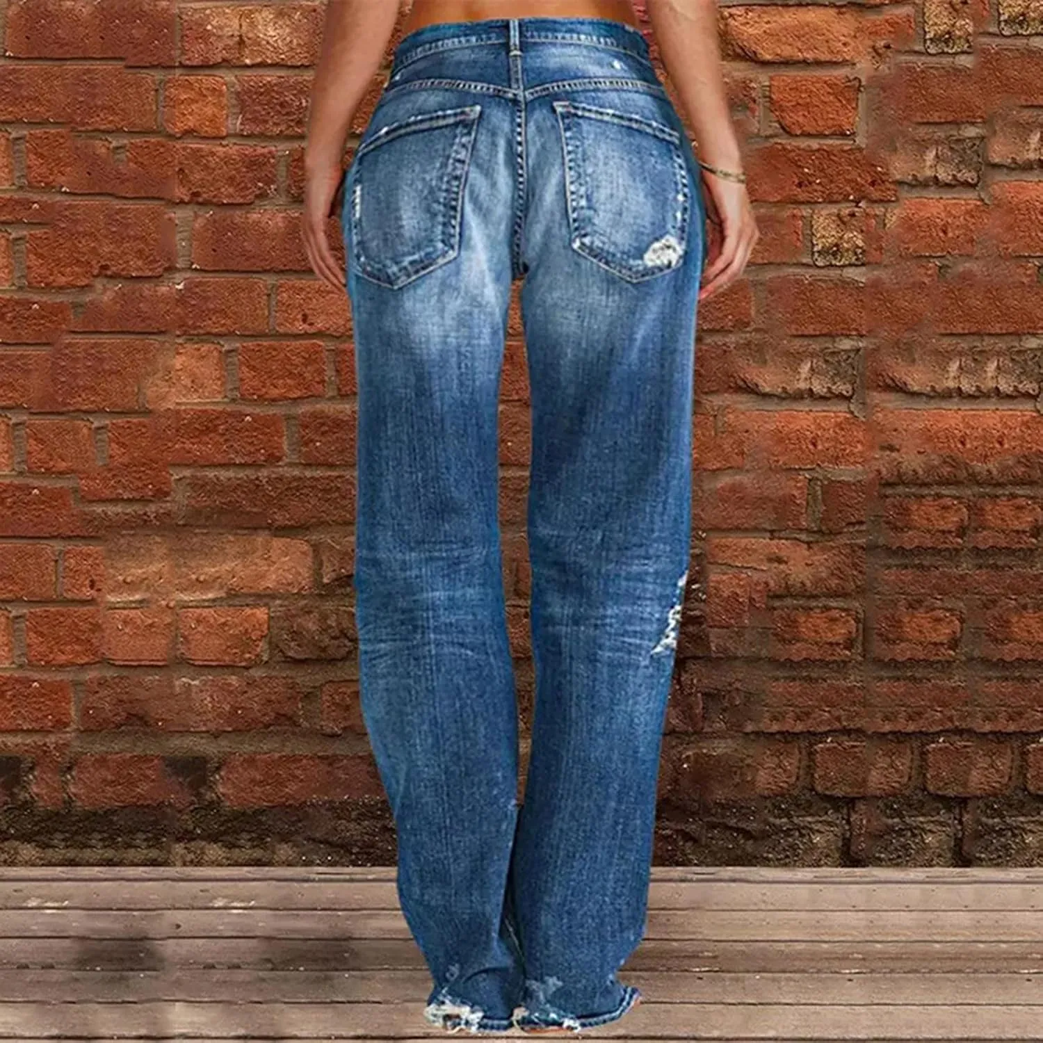 Womens Straight Leg Jeans Button Down Low Rise Ripped Jeans Plus Size Boyfriend Distressed Denim Pants with Pockets