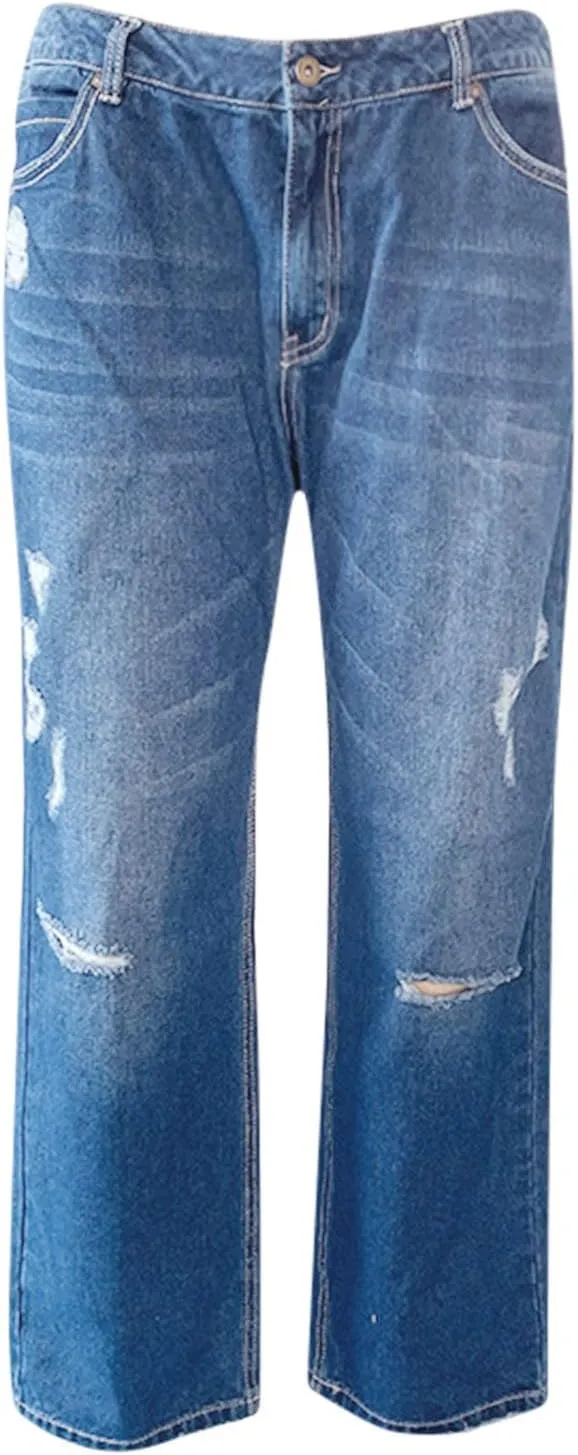 Womens Straight Leg Jeans Button Down Low Rise Ripped Jeans Plus Size Boyfriend Distressed Denim Pants with Pockets