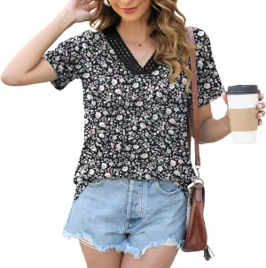 Womens Tops Dressy Casual V Neck Short Sleeve Lace Splice T Shirts Cute Fashion Clothes 2025