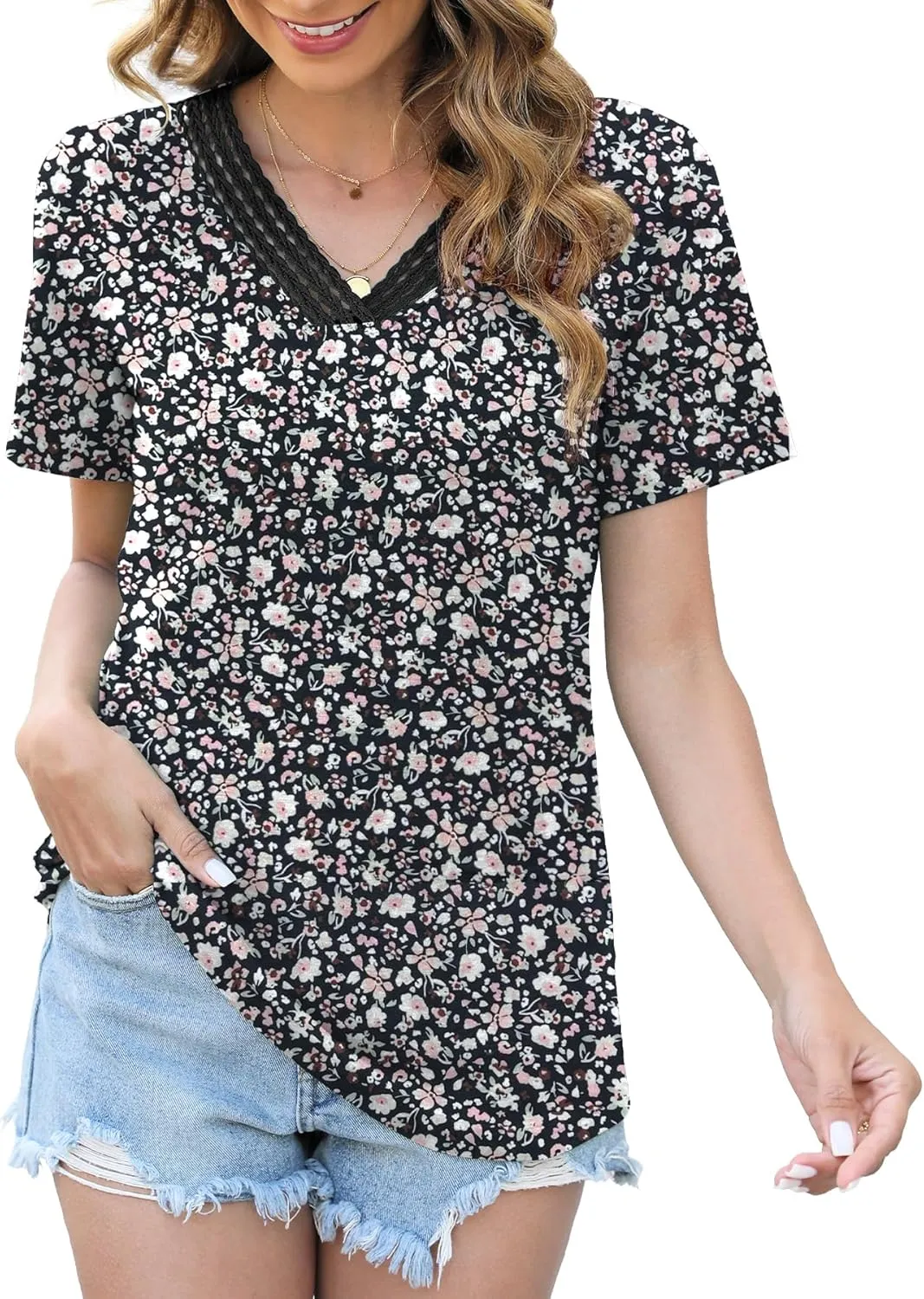 Womens Tops Dressy Casual V Neck Short Sleeve Lace Splice T Shirts Cute Fashion Clothes 2025