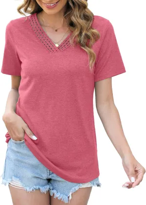 Womens Tops Dressy Casual V Neck Short Sleeve Lace Splice T Shirts Cute Fashion Clothes 2025