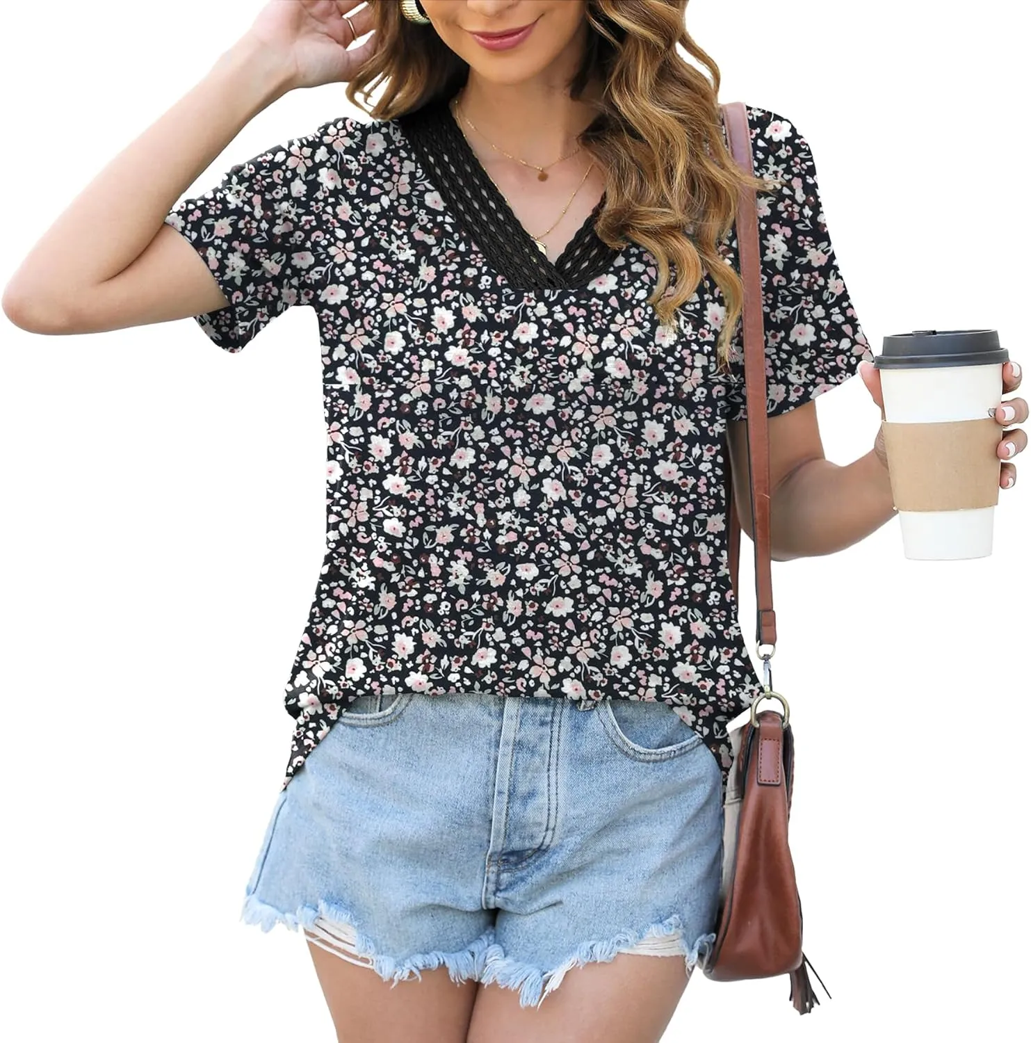 Womens Tops Dressy Casual V Neck Short Sleeve Lace Splice T Shirts Cute Fashion Clothes 2025
